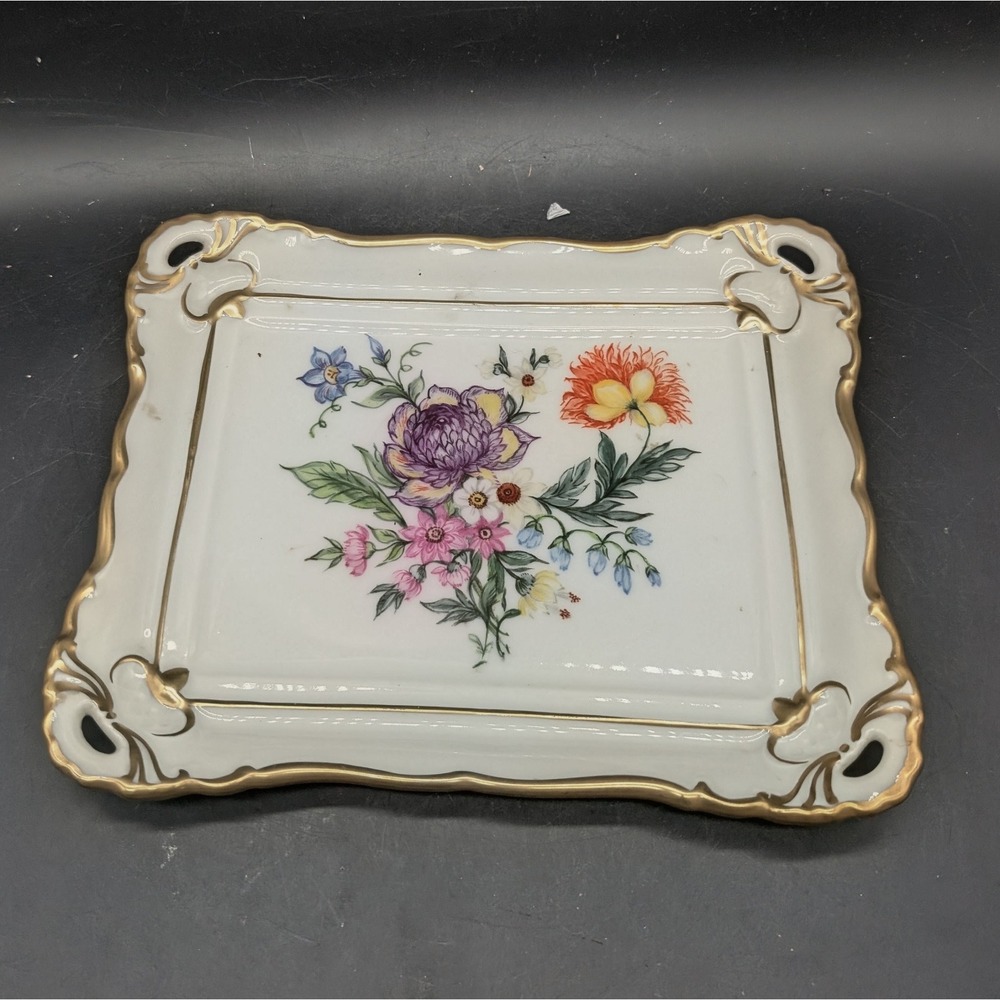 Vintage Hand Painted Floral Porcelain Vanity Tray Gold Gilt Pierced Scalloped